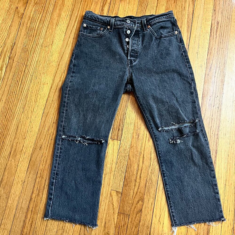 Levi’s Jeans Womens 28 Premium 501 Button Fly Distressed Faded Black